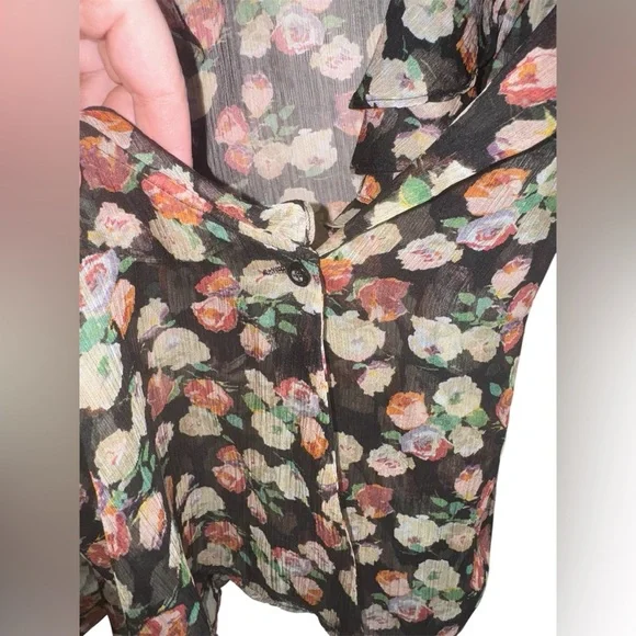 Lauren Ralph Lauren Sheer Floral Ruffle Blouse XL – Romantic Black Rose Print - Picture 7 of 9